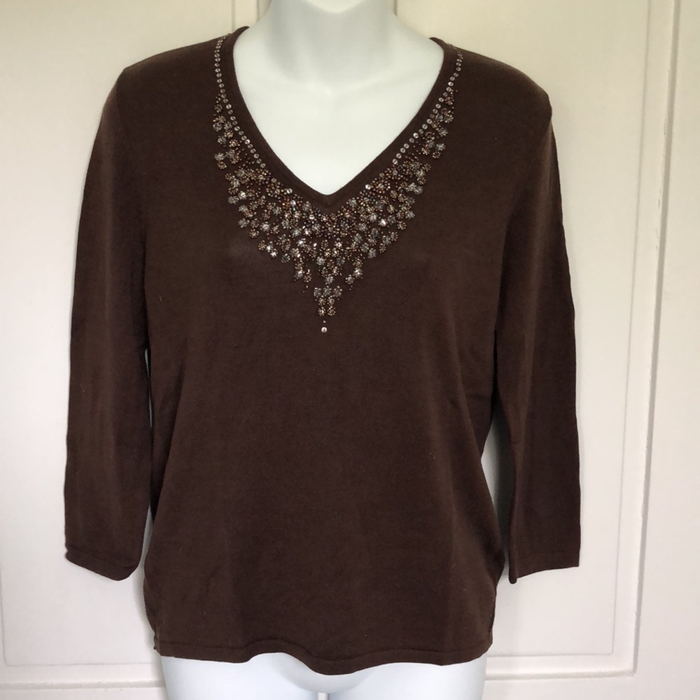 Chocolate Brown Silk Knit Beaded V Neck 3/4 Sleeve Top  M L Belford